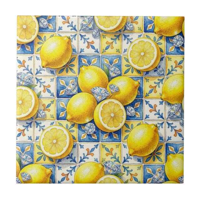 Seamless Pattern Lemons and Diamonds Ceramic Tile (Front)