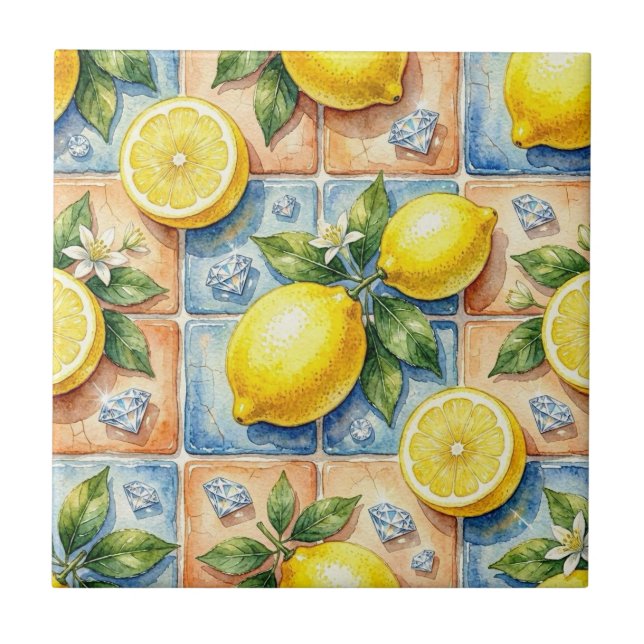 Seamless Pattern Lemons and Diamonds Ceramic Tile (Front)