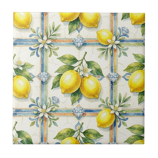 Seamless Pattern Lemons and Diamonds Ceramic Tile (Front)