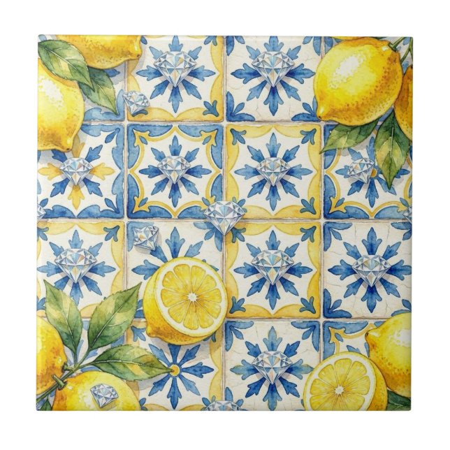 Seamless Pattern Lemons and Diamonds Ceramic Tile (Front)