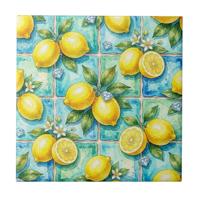 Seamless Pattern Lemons and Diamonds Ceramic Tile (Front)