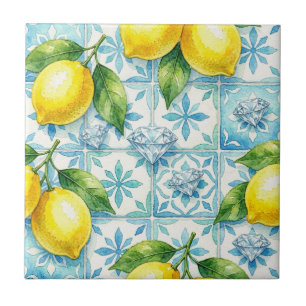 Seamless Pattern Lemons and Diamonds Ceramic Tile