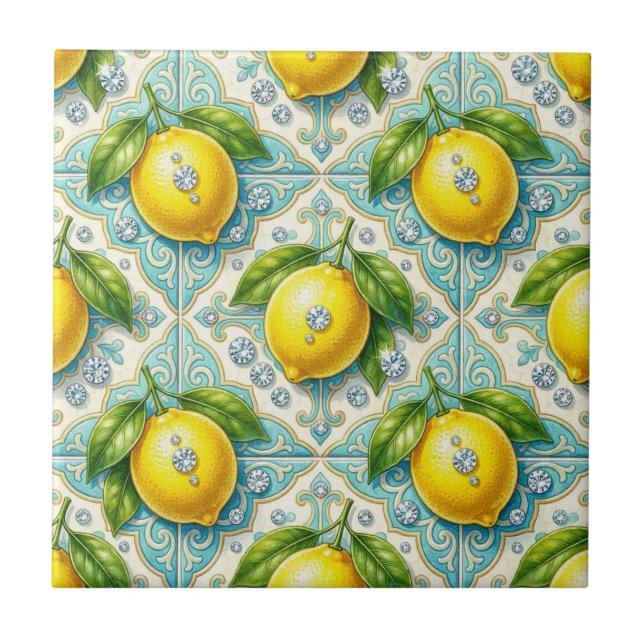 Seamless Pattern Lemons and Diamonds Ceramic Tile (Front)