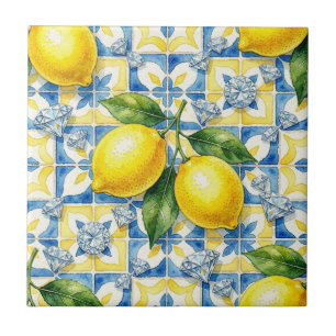 Seamless Pattern Lemons and Diamonds Ceramic Tile