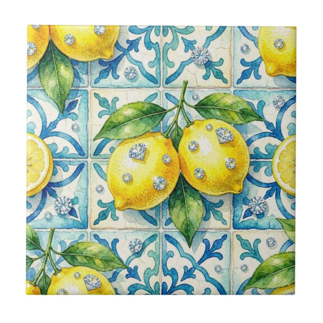 Seamless Pattern Lemons and Diamonds Ceramic Tile (Front)
