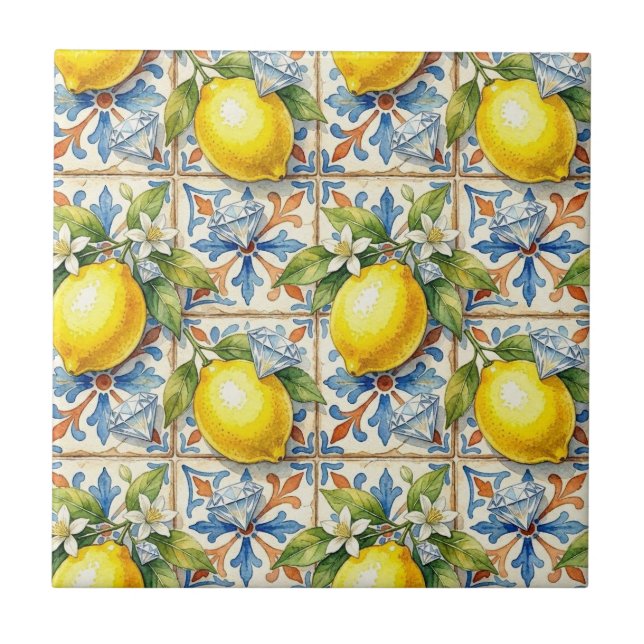 Seamless Pattern Lemons and Diamonds Ceramic Tile (Front)