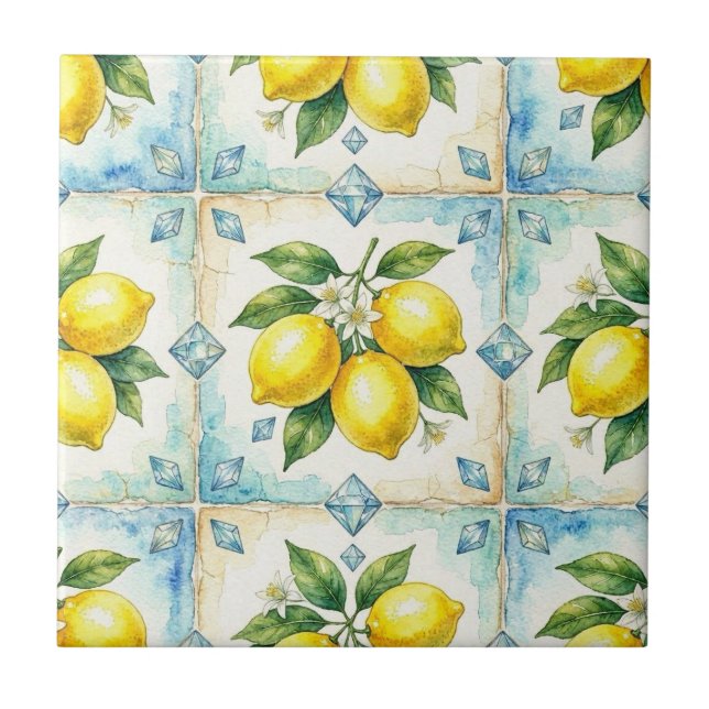 Seamless Pattern Lemons and Diamonds Ceramic Tile (Front)