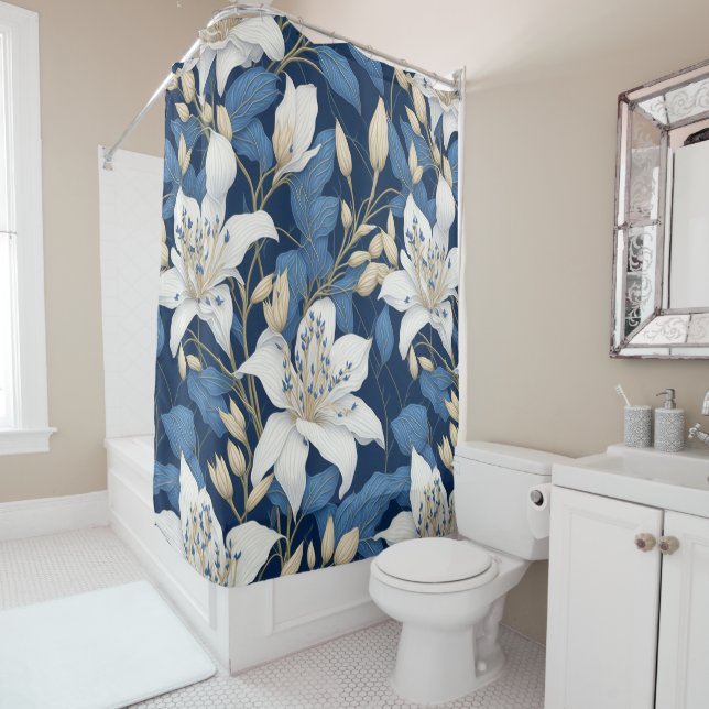 Seamless Pattern Lilies White Blue Floral Summer Shower Curtain (In Situ)