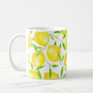 Seamless pattern made of watercolor lemons and lea coffee mug