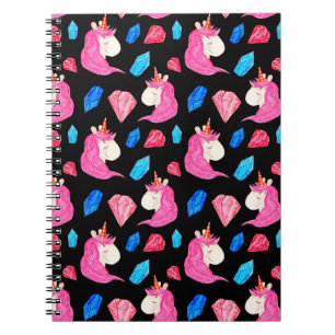 Seamless pattern of a magic unicorn with multicolo notebook