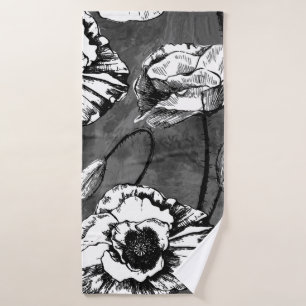 Seamless pattern of black and white poppies. Illus Bath Towel