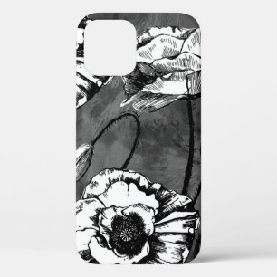 Seamless pattern of black and white poppies. Illus iPhone 12 Case