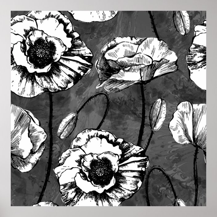 Seamless pattern of black and white poppies. Illus Poster