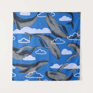 Seamless pattern of blue whales. Hand drawn vintag Tapestry