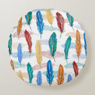 Seamless pattern of bright feathers painted in wat round cushion