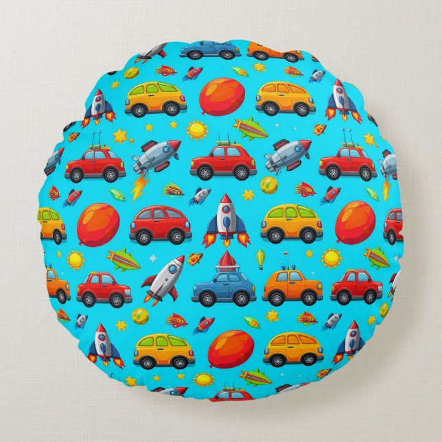 Seamless Pattern of Cars, Rockets, and Stars Round Cushion (Front)
