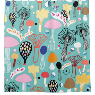 seamless pattern of colorful mushrooms on a green  shower curtain