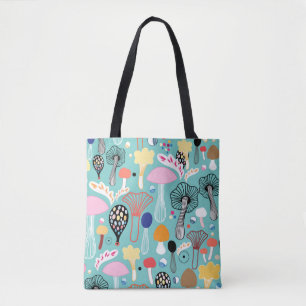 seamless pattern of colorful mushrooms on a green tote bag