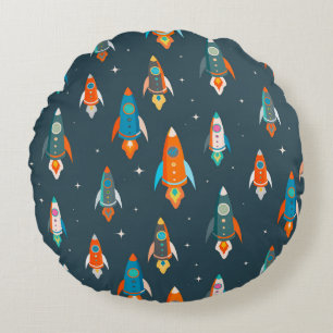 Seamless pattern of colorful rockets in outer spac round cushion