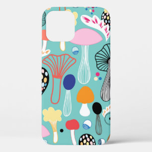seamless pattern of colourful mushrooms on a green iPhone 12 case