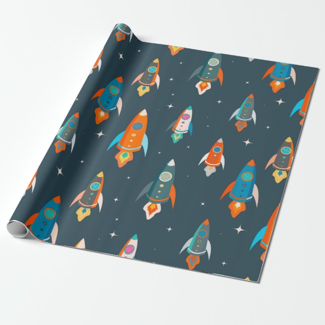 Seamless pattern of colourful rockets in outer spa wrapping paper (Unrolled)