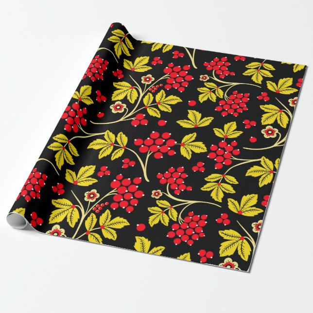  seamless pattern of flowers and berries. Russian  Wrapping Paper (Unrolled)
