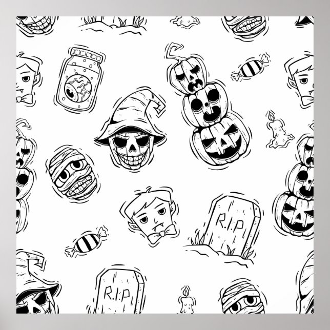Seamless pattern of halloween icons with hand draw poster (Front)