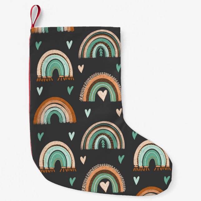 Seamless pattern of hand drawn hearts and boho rai small christmas stocking (Front)