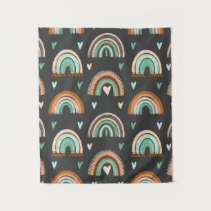 Seamless pattern of hand drawn hearts and boho rai tapestry