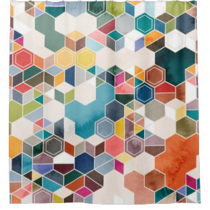 Seamless pattern of hexagons in random colours in shower curtain