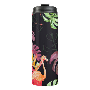 Seamless pattern of hibiscus flower, flamingos an thermal tumbler