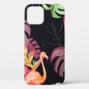 Seamless pattern of hibiscus flower, flamingos and iPhone 12 case