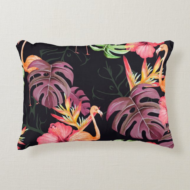 Seamless pattern of hibiscus flower, flamingos and decorative cushion (Front)