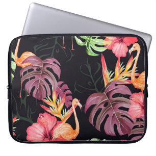 Seamless pattern of hibiscus flower, flamingos and laptop sleeve