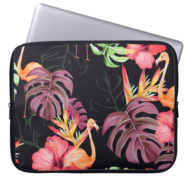 Seamless pattern of hibiscus flower, flamingos and laptop sleeve (Front)