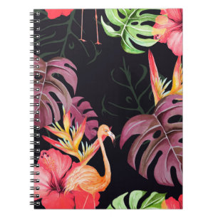 Seamless pattern of hibiscus flower, flamingos and notebook
