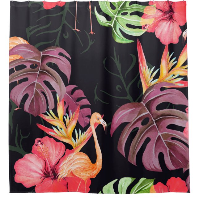 Seamless pattern of hibiscus flower, flamingos and shower curtain (Front)