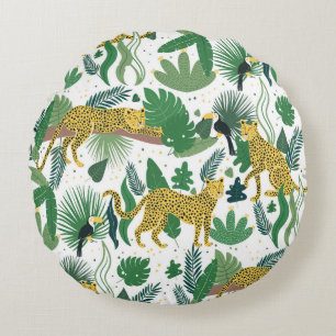 seamless pattern of leopards in jungle. Summer Round Cushion