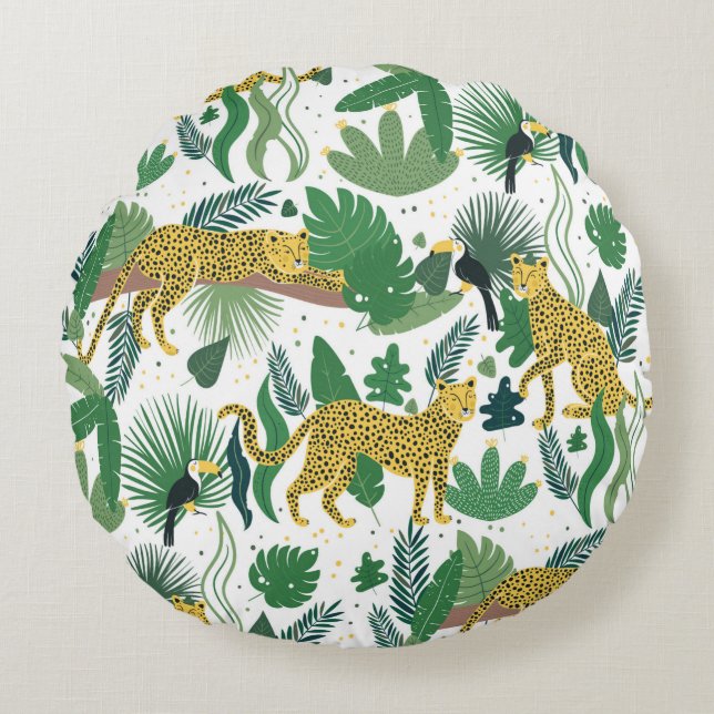 seamless pattern of leopards in jungle. Summer tro Round Cushion (Front)