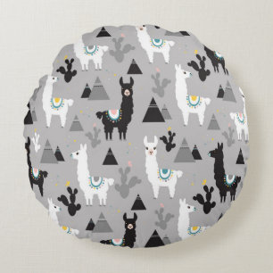 Seamless pattern of llama cactus and mountains round cushion