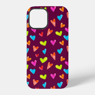 Seamless pattern of multicolored hearts on a purpl iPhone 12 case