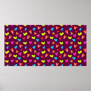 Seamless pattern of multicolored hearts on a purpl poster