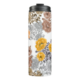 Seamless pattern of orange, yellow, beige flowers thermal tumbler