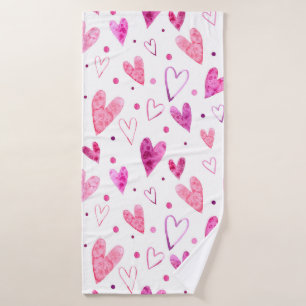 Seamless pattern of pink watercolor hearts and pol bath towel