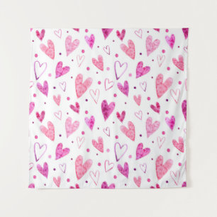 Seamless pattern of pink watercolor hearts and pol tapestry