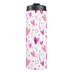 Seamless pattern of pink watercolor hearts and pol thermal tumbler
