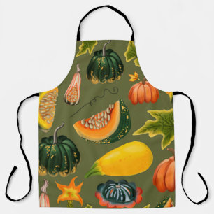 Seamless pattern of pumpkins and leaves on a green apron
