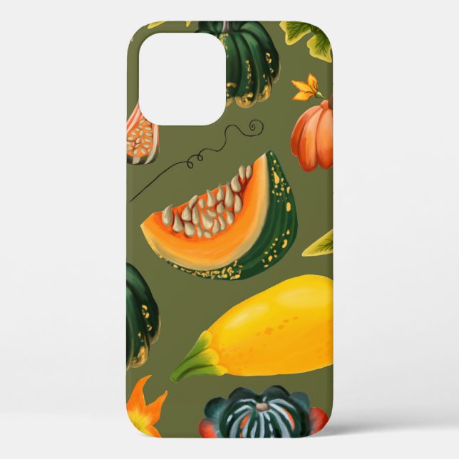 Seamless pattern of pumpkins and leaves on a green Case-Mate iPhone case (Back)