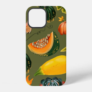 Seamless pattern of pumpkins and leaves on a green iPhone 12 case