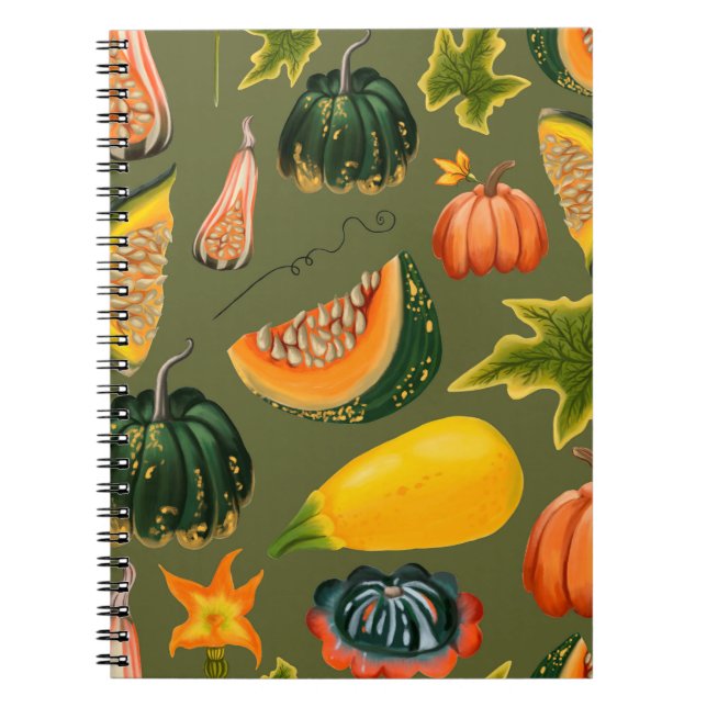 Seamless pattern of pumpkins and leaves on a green notebook (Front)